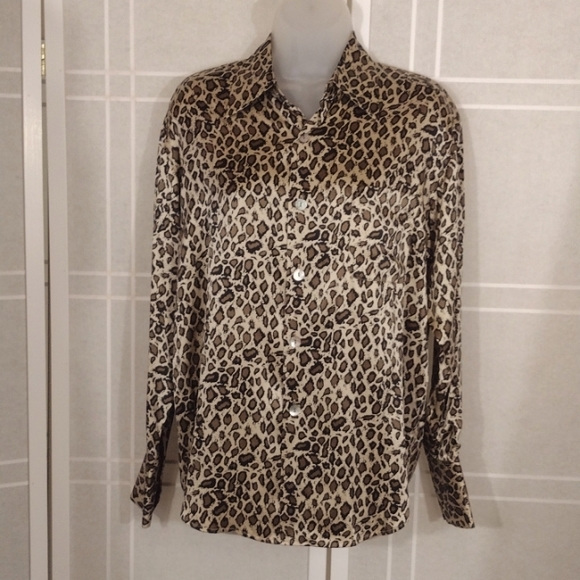 Silk leopard print button-down oversize shirt S - Picture 1 of 4